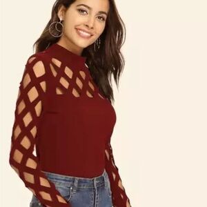 Red Mock Neck Cage Cutout Sleeve Bodysuit Size M (Never Worn)